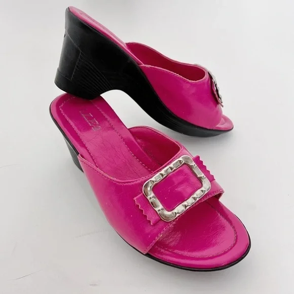 PINK 90s VINTAGE LEATHER SILVER BUCKLE PLATFORM WEDGE SANDALS - Picture 3 of 4